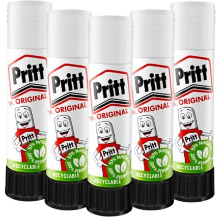 PRITT Glue Sticks (5 Pack, 11g) - 97% Natural Ingredients, Easy Hold Safe & Child-Friendly Glue Sticks for Home, School, Crafts, Office Supplies, Recyclable Quick-Drying Non-Toxic Strong Adhesive