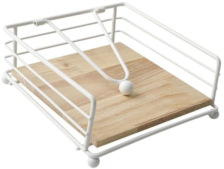 SZLIFE Porta tovaglioli per tavolo, porta carta, elegante dispenser per tovaglioli piatti in metallo e legno, 7 x 7 per cucina, sala da pranzo, Bianco