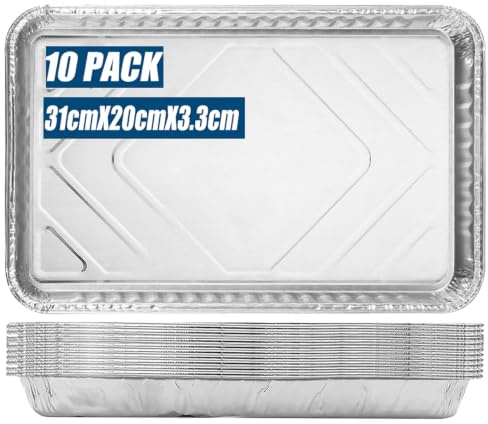 MUAMAX 10 bandejas desechables de aluminio para hornear, (32 x 20 x 3.3), bandejas de aluminio para hornear, bandejas para hornear, recipientes rectangulares de aluminio, hornear, cocinar, asar