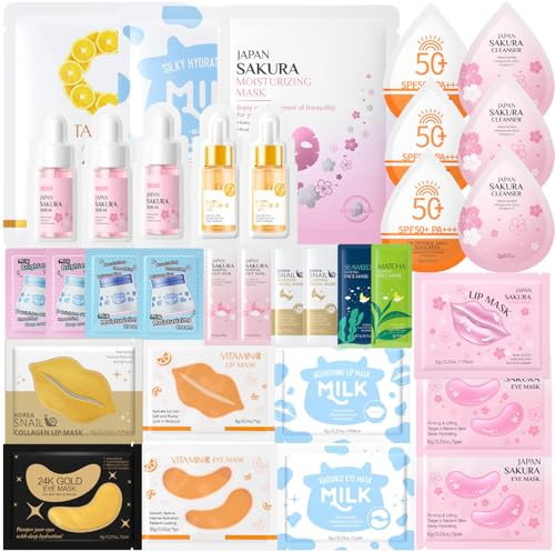 33PCS Pamper Gifts for Women,Teenage Girls Gifts,Face Masks Skincare Set,Luxury Care Kit Girls Gifts for Travel Skincare Set with Face Mask & Serum & Cream,Cleaner,Lip Mask,Eye Patch,Sunscreen (33PCS)