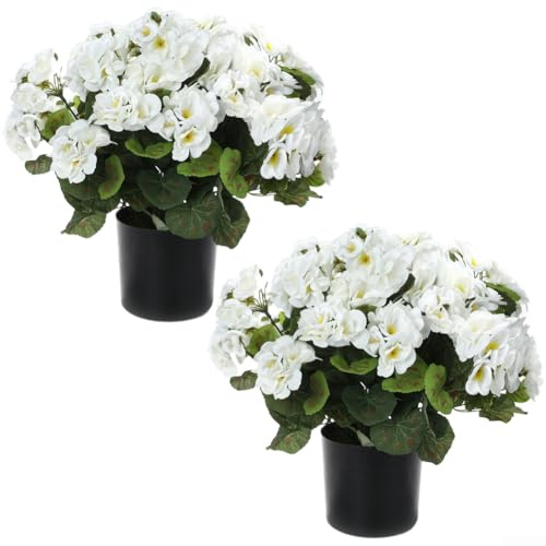 Künstlicher Begonien-Blumenstrauß, 35 cm, beflockter Holzapfel mit Topf, 5 Sträuße, Hängekorb, Dekoration, realistische Geranie (weiß)
