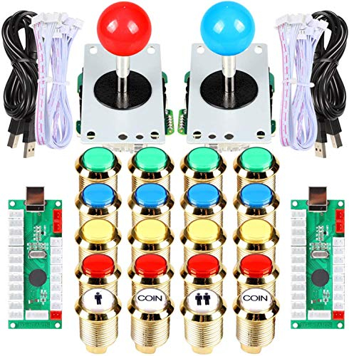 EG STARTS Arcade Kit DIY Parties pour PC Joystick 18 x en plaqué or LED lumineux + 2 joueurs Coin 30 mm Gilded Lights Boutons pour arcade Mame & arcade Cabinet & Raspberry Pi
