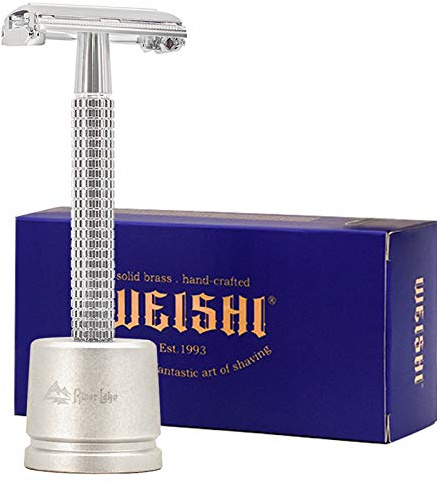 WEISHI Chrome Long Handle Butterfly Open Double Edge Safety Razor Kit - 1 Razor, 1 Stand & 10pcs Blades
