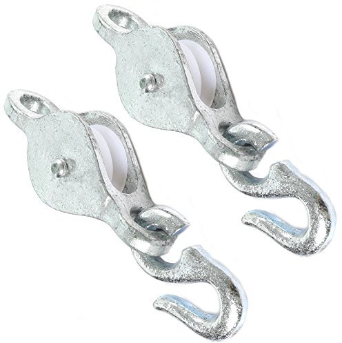 White Hinge Limited 2x Galvanised Washing Line Pulleys & Hooks - Heavy Duty Clothes Dryer Cord Winch Wheel