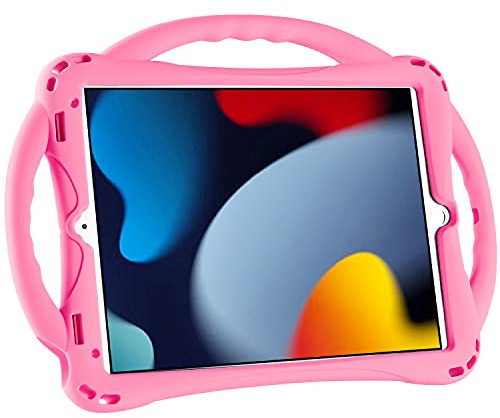 TOPESCT iPad 10.2 case, iPad 9th/8th/7th Generation Case for Kids, Built-in Handle Stand, Comes with a Strap, Silicone Shockproof iPad 10.2 inch 2021 Case (Pink)