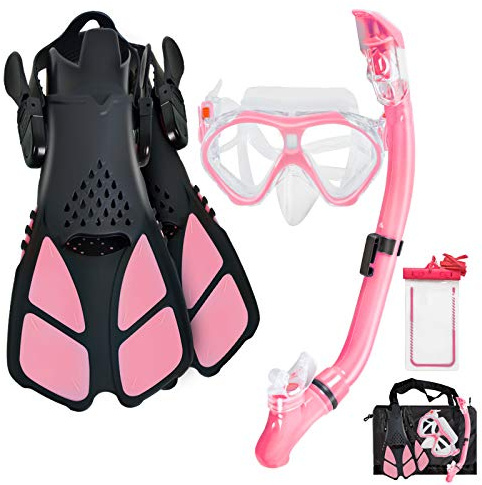 Aisrida Kids Snorkeling Set Children Mask Fin Snorkel Set Snorkeling Gear Snorkel Mask + Adjustable Swimming Kids Flippers+ Dry Snorkel Tube + Travel Bags (Pink)