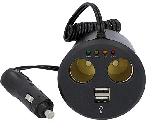 CARTREND 10462 Ladesteckdose in Dosenform mit Zwei Buchsen und Batterieanalysegerät 2-Port mit USB 1,5 m, schwarz