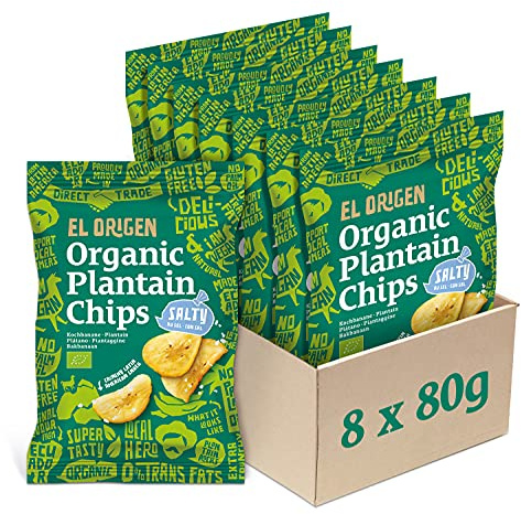 el origen chips de plátano orgánico con sal marina, 8 x 80g