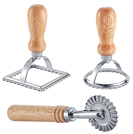 Set di stampi per ravioli con rotella a rullo, stampo per pasta con manico in legno e bordo scanalato, taglierina per ravioli e timbro per pressa (3 set con tagliera)