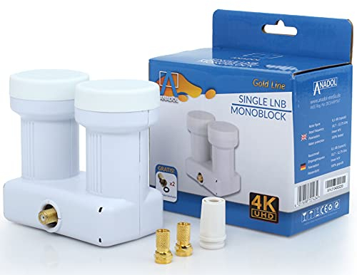 Anadol Monoblock Single LNB Gold Line für Satellitenschüssel - 1 Teilnehmer, 2 Satelliten, Astra 19.2 & Hotbird 13 - digital Doppel Sat Kopf 0.1dB - Full HD, 4K, 8K, UHD, 3D, HDTV + 2X F-Stecker