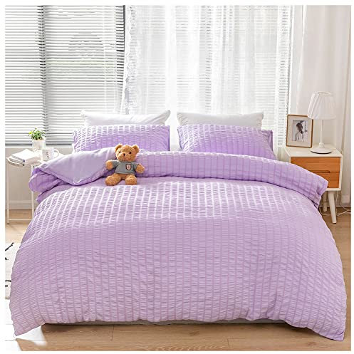 Encaje De Seersucker Puro De 3 Piezas,Ropa De Cama Pequeña Y Fresca Disponible,Ropa De Cama De Color Sólido para Todas Las Estaciones,Cómodo Super Suave,Morado,168X229-2PC