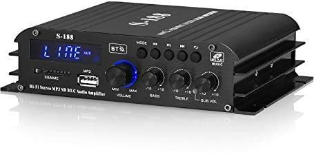 Mini 2.1 Channel Bluetooth Stereo Audio Amplifier Receiver for Home Speakers 45W x 2+68W Passive Subwoofer with USB TF Slot MP3 Player LCD Display with Remote Control (S-188)