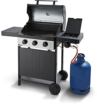Swan Kansas 3-Burner Gas BBQ with Side Burner, Enamel Cast-Iron Cooking Grill, Warming Rack, SBQ57030N