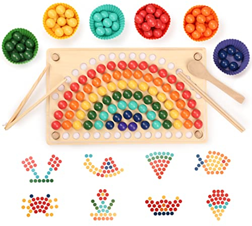 KidMigo Montessori Spielzeug, Rainbow Bead Game, Holz Clip Brettspiel, Puzzle Board, Kinder Hände Augen Gehirn Training, Ab 3 Jahr, Vorschule Geschenk für 3 4 5 6 Jahre