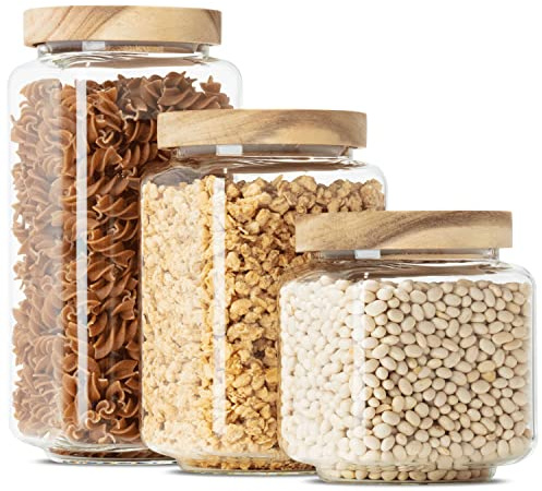 Econovo® Vorratsgläser eckig 3er Set mit Holzdeckel, 600 bis 1200ml | Drei Größen aus mundgeblasenem Borosilikatglas mit Akazienholzdeckel, platzsparend für Mehl, Zucker, Reis und Haferflocken