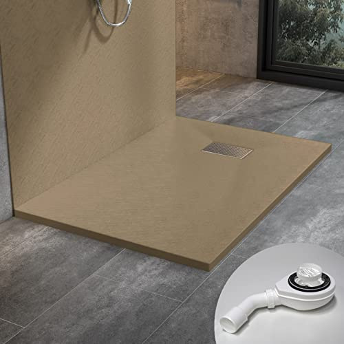 WITEN&NOCK Duschwanne 120x90 cm SMC Brausewanne helles Braun Steinoptik Antirutsch Duschtasse Höhe 3,2 cm Niedrige Schwelle Extraflach Brausetasse mit Edelstahl-Abflussrinne und Ablaufgarnitur Ø 90 mm