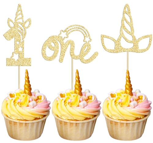Gyufise 24Pcs Unicorn One Cupcake Toppers Glitter Unicorn 1st Birthday Cupcake Picks Rainbow Unicorn Cake Decorations for Baby Shower Boys Girls 1st Birthday Party Cake Decorations Supplies