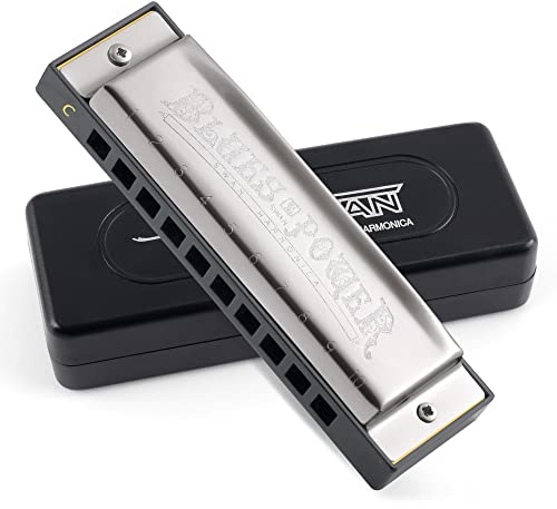 SWAN Blues Harmonica C Key for Kids Adults, 10 Hole 20 Tone Diatonic Harmonica Key of C for Beginners Students, Mouth Organ in Stainless Steel, Blues Power Silver