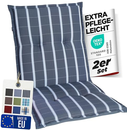 gardisun Gartenstuhlauflagen Niedriglehner, 2er Set, Grau-Kariert | Extra Dicke Sitzauflagen, Made in Europe, Stuhlauflagen für Niederlehner Gartenstuhl, Auflagen mit extra hohem Komfort