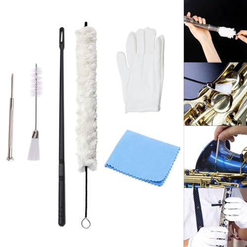 MuzcYM 7-teiliges Flöten-Saxophon-Klarinetten-Reinigungsset für Instrumente mit Baumwoll-Reinigungsbürste/doppelseitiger Staubbürste/Flötenreinigungsstab/Schraubendreher/Handschuhe/Reinigungstuch