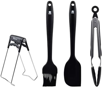 MasterPRO Foodies - Game of 4 Black Kitchen Utensils - Prodotto in silicone resistente e acciaio inossidabile - Brush 26 cm - spatola 28 cm - morsetto alimentare - 18 cm Bol