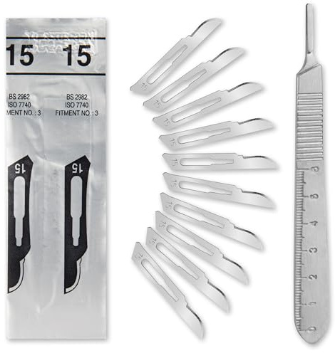 Set - 10 Stück sterile Skalpellklingen Figur 15 aus Karbonstahl - Ersatzklingen einzeln steril verpackt + 1 x Shehadeh - Skalpell-Halter mit 13 cm langem Griff inkl. Meßskala in cm - Edelstahl