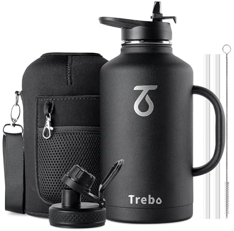 Trebo Stainless Steel Water Bottle 2L, Large Metal Bottle with Handle, Wide Mouth, Double Wall, Keeps Water Cold for 48 Hours, Black