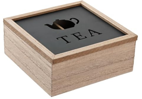 Caja de Madera para Infusiones o Té con 4 Compartimentos 16 x 16 x 7cm. Cofre para Decorar con Tapa, almacenaje té, café