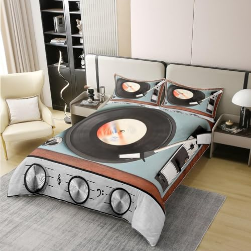 Tizhweqo Grammophon Bettwäsche 155x220 Musik Bettwäsche Set Weiche Mikrofaser 3D Druck Grammophon Bettbezug Set mit Reißverschluss Bettbezüge und 2 Kissenbezug 80x80 cm C7352