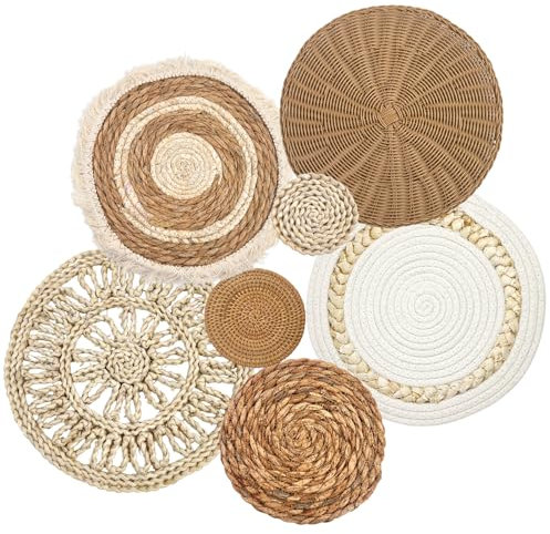 7er Set Boho Wandkörbe Wandbehang Rattan Dekor Flach Rund Gewebt Wasserhyazinthe Maisschale Bauernhaus Handgemachte Makramee Hängende gewebte Körbe für Wohnzimmer Schlafzimmer Esszimmer Büro