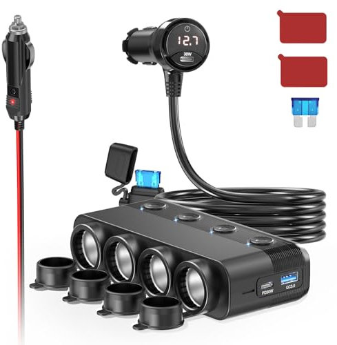4-Steckdose Auto 12 Volt Verteiler 300W: Doppel PD30W KFZ Zigarettenanzünder Adapter DC 12v USB C Ladegerät Mehrfach Stecker Splitter mit Schalter LED Volteter für iPhone Sitzheizung GPS Kamera Navi