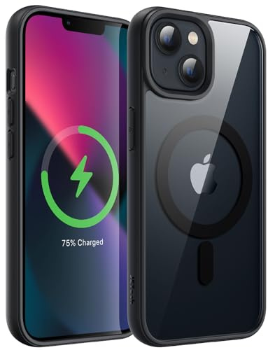 JETech Magnetische Hülle für iPhone 13, Schwarz | Kompatibel mit MagSafe, Einfarbig Matte TPU Rahmen, Transparente Rückseite, Stoßschutzrahmen