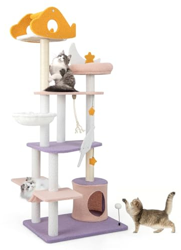 GOPLUS - Árbol de gato XXL lindo de forro polar Teddy con rascador de sisal, 68 x 48 x 167 cm, gran árbol de gato de varios niveles, percha estrella de luna, condominio, juguete colgante, plataformas