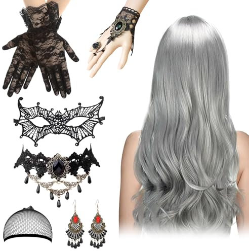 Halloween Perücken Dekoration Perücke Damen Grau, 70cm Grau Lange Gewellte Locken, Graue Perücke Damen, Halloween Accessoires Gotisch Halskette Armbänder für Helloween Party, Rollenspiel