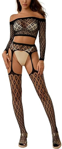 Bommi Fairy Dam sexig leopard nätset, fisknät, underkläder med långärmad mesh-topp, strumpbyxor, 2-delat kostymset, stretchig bodysuit (svart)