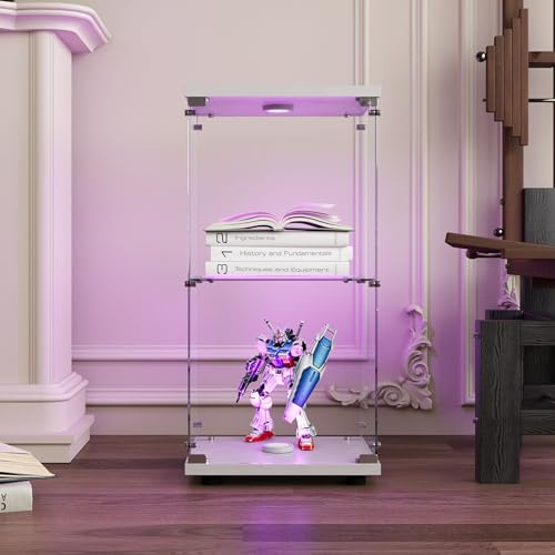 BPKADHY Glasvitrine Standvitrine mit LED,Modern Glas Vitrinenschrank für Sammlerstücke Bücher Wein,2 Glasböden & 1 Türen abschließbar,125x42x36 cm, Weiß (Weiß, 2 Lagen LED)