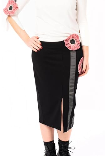 Mamatayoe Disegno. Falda Midi de Mujer de Color Negro con Detalles Bordados para Otoño Invierno. Falda Recta a Media Pierna de Punto Roma con Abertura Delantera y Cinturilla Elástica. Talla S