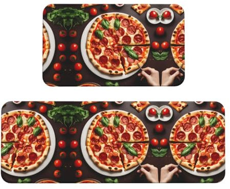 YQxwJL Küchenteppiche mit Pizza-Aufdruck, rutschfeste Küchenmatte, 2er-Set, bequeme Stehmatten für Küche, Büro
