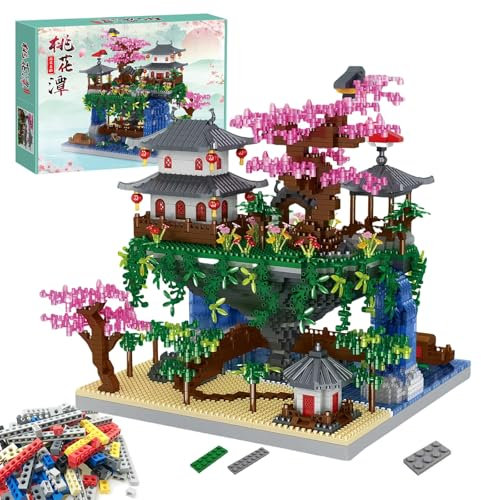 Muligheter Pfirsichblüten Teich Japan Blumen Haus Micro Bausteine 3320 Teile,Klemmbausteine Pflanzen Architecture Japan Ideas deko Geschenk für Erwachsene Frauen Männer Mädchen