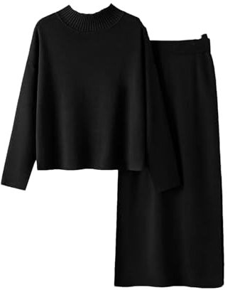 2-teiliges Strickset für Damen, Maxi-Rock, Trainingsanzüge, Winter, warm, Rollkragenpullover, Rock-Sets, Schwarz , Einheitsgröße