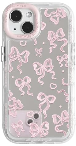 NITITOP Cover per iPhone 15 Plus Carina Cute con Fiocco Design Specchiato per Ragazze Femminile Cuori Effetto Lucido Custodia con Antiurto - Rosa Pallido Fiocco