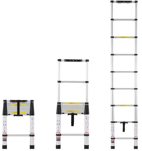 VEVOR Scala Telescopica, Scala Estensibile Leggera in Alluminio 2600 mm, Scala Pieghevole con Retrazione a un Pulsante, Capacità 170 kg con Piedini Antiscivolo, Scale Compatte per Camper Soppalco