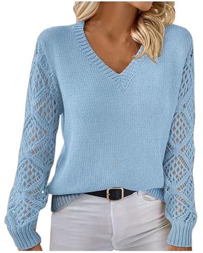 Dyhxuan Jersey elegante para mujer, cuello de pico, bordado, manga larga, jersey de punto liso, sudadera de punto grueso, sudadera de invierno básica, camiseta de manga larga, suelta, jersey de