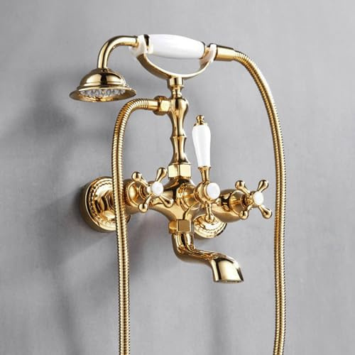 Antique Brass Bath Tap with Shower Mixer Gold Wall Mounted Bath Shower Mixer Tap Double Handle Brass Shower Mixer Tap Set for Bath Retro Bath Taps