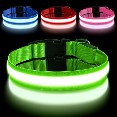 AUAUY Uppladdningsbart LED-hundhalsband med typ-C-port, justerbart LED-hundhalsband med 3 belysningslägen, vattentät, för små, medelstora och stora hundar (L, grön)