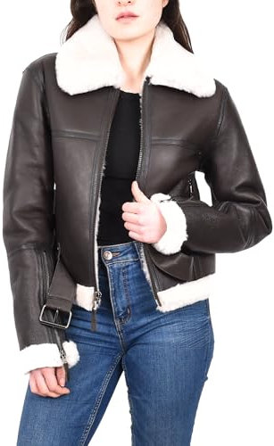 Divergent Retail Original Damen Aviator Jacke aus Schaffell, RAF, Bombermantel, Laurence, Braun / Weiß, Braun / Weiß, 42