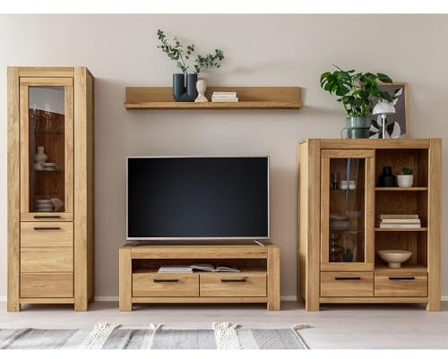 Lomadox Wohnwand Wohnmöbel Set Eiche teilmassiv geölt 4-teilig, 1 Vitrine, 1 Wandboard, 1 Lowboard, 1 Highboard | Echtholz/Massivholz/Furnier