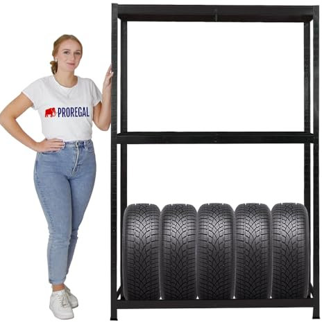 PROREGAL Étagère à pneus Ragnar | HxLxP 180x120x40cm | jusqu'à 8 pneus sur 2 Niveaux + Rangement | 265kg Charge Max. | Noir