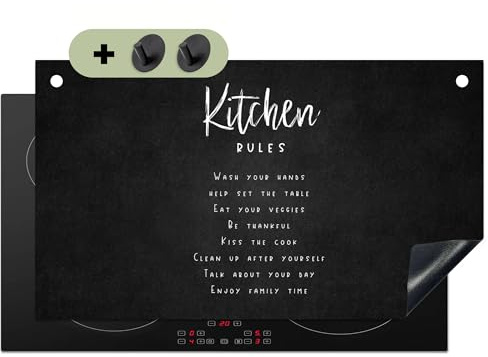 KitchenYeah© Herdabdeckplatte Einteilig Küche Herdabdeckung Induktionsfeld | 80x52 cm - Ceranfeld Herdabdeckplatten Vinyl Matte, Spritzschutz Küchenrückwand Küchenregeln - Schwarz - Weiß