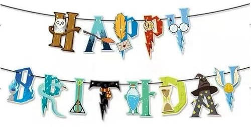 Happium Magical Wizard Party Banner Supplies Happy Birthday Bunting Magic Decoration Kids Birth-Day Deco, Cardboard Multicolor